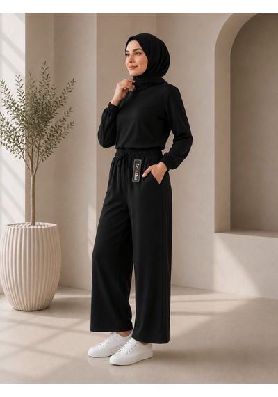 Bidesing Beli Lastikli Bağcıklı Tesettür Pantolon Siyah