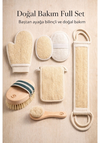 8 Parça Doğal Bakım Full Set - At Kılı Vücut & Yüz Fırçası + 6 Farklı Kabak Lifi Kese Spa Paketi
