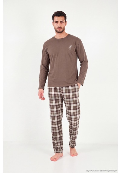 Buratti Ekoseli Pamuklu Bisiklet Yaka Uzun Kollu Pijama Takımı Erkek Pijama Takımı 6575003 Kahve
