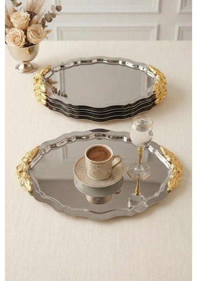 6'lı Büyük Boy Vintage İşlemeli Oval Gold Kahve Sunum Tepsisi-servis Tepsisi 28 Cm Gold