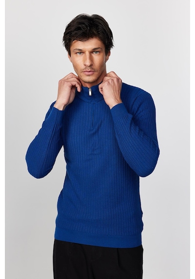 Tudors Slim Fit Dar Kesim Dik Yaka Fermuarlı Desenli Saks Mavi Erkek Triko Kazak-28922 Saks Tudors Slim Fit Dar Kesim Dik Yaka Fermuarlı Desenli Saks Mavi Erkek Triko Kazak-28922 Saks