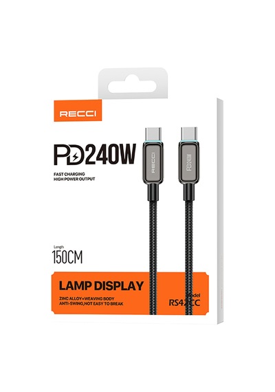 Recci Rs42cc Lamp Display Serisi Type-c To Type-c Pd 240w Hızlı Şarjlı Data Ve Şarj Kablo 1.5m Siyah