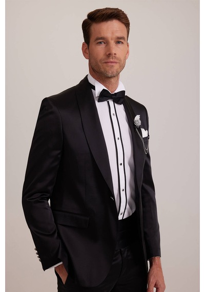 Ysf Erkek Siyah Slim Fit Şal Yaka Damatlık