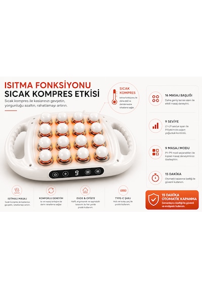 16 Başlıklı Isıtmalı Masaj Aleti 9 Seviye 9 Mod Sıcak Kompres Type-c Şarjlı Dijital Ekranlı Tüm Vücut Masaj Cihazı Beyaz