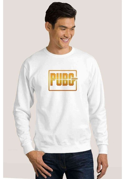 Pubg Logo Baskılı Beyaz Erkek Örme Sweatshirt (530959662)