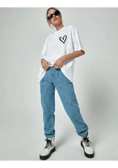 Yake Store Bisiklet Yaka Baskılı Oversize T-shirt - Beyaz - Beyaz