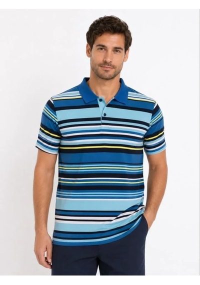 Defymoda Erkek Çizgili Polo Yaka Tişört Kısa Kol Yazlık T-shirt Regular Fit - Mavi