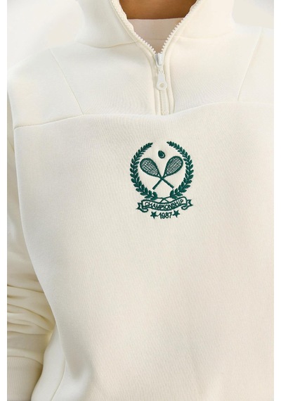 Shade Kadın Dik Yaka Yarım Fermuarlı İçi Polarlı Crop Sweatshirt 1808 60283713 - Beyaz