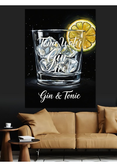 Ahşap Tablo Siyah Beyaz Cin Tonik Bardağı Sarı Limon Detaylı
