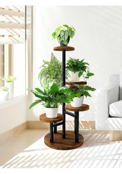Çiçeklik 5 Raflı Saksılık Dekoratif 5 Raflı Çiçeklik Metal Doğal Ahşap Saksılık Çiçek Rafı Daire Model 1 Adet