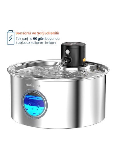 Haustier W2 Otomatik Kablosuz Kedi Su Pınarı, Sensörlü , Bataryalı , Ultra Sessiz, Çelik , 3.2lt Hazne