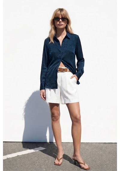 Sateen Gizli Patlı Gömlek - Lacivert-137595