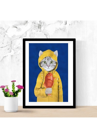 Sarı Yağmurluklu Kedi Temalı Dekoratif Tablo Sök Tak Çerçeve