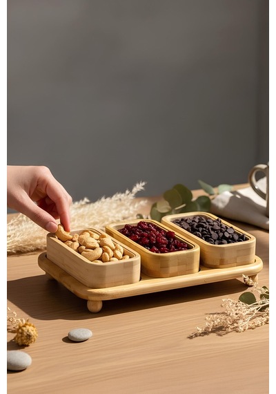 Bambu Tepsili 3'lü Dikdörtgen Çerezlik, Kahvaltılık, Sunumluk 25 16,5 Cm Bej - 829909338 Bej