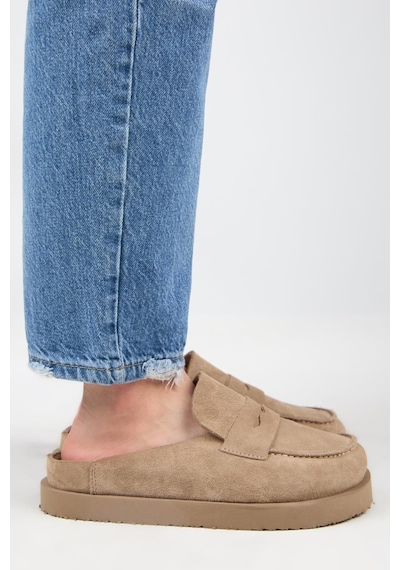 Manijero Ziva Kadın Hakiki Deri Loafer Platform Vizon Terlik