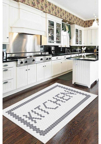 Gri Kaymaz Taban Yıkanan Kitchen Yazılı Mutfak Halısı Ar492n11