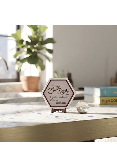 Babaya Özel İlk Yol Arkadaşım Canım Babam Yazılı Bisikletli Modern Masaüstü Dekoratif Obje 10x10 Cm, Yavru Ağzı
