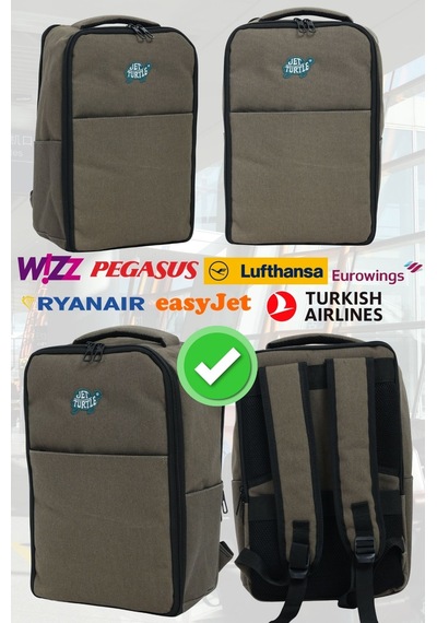 Jet Turtle Seyahat Sırt Çantası 40cm 40x25x15 Cm Pegasus, Wizz Air, Ryanair, El Valizi Koltuk Altı Valizi Açık Haki Kanvas