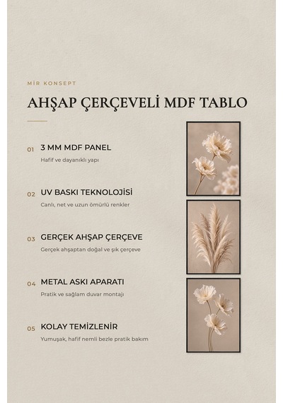 3'lü Ahşap Çerçeveli Mdf Tablo Seti Uv Baskı Krem Çiçek Pampas Bej Salon Duvar Dekoru Renk: Siyah