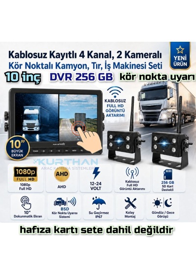 10 İnç Dokunmatik Dvr 2 Adet Kablosuz Kamera Ahd 1080p Monitör Bsd Kör Nokta Sistemli 12 24 V