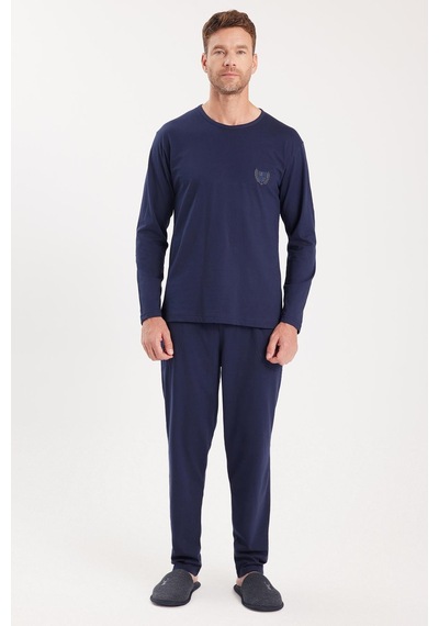 Tudors Erkek Standart Fit %100 Pamuk Bisiklet Yaka Beli Lastikli Lacivert Pijama Takımı-37935 Lacivert