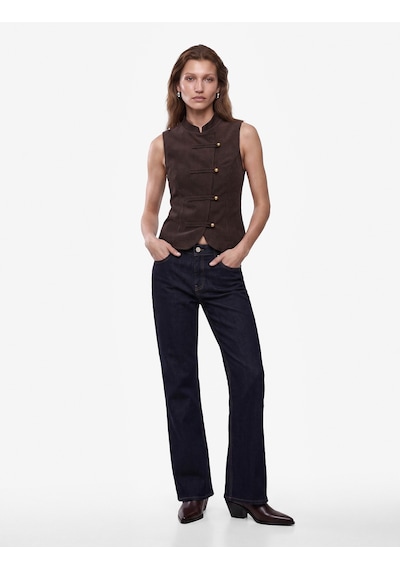 Koton Koton X Selected By Melis Ağazat - Slim Fit Mandarin Yaka Süslü Düğmeli Yelek Kurbağa Kapama Kahverengi Çizgili 7wak20358ew