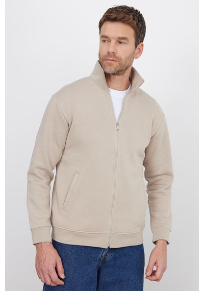 Tudors Unisex Relax Fit Rahat Kesim Pamuklu 3 İplik İçi Polarlı Fermuarlı Cepli Taş Sweatshirt Hırka-41679 Taş
