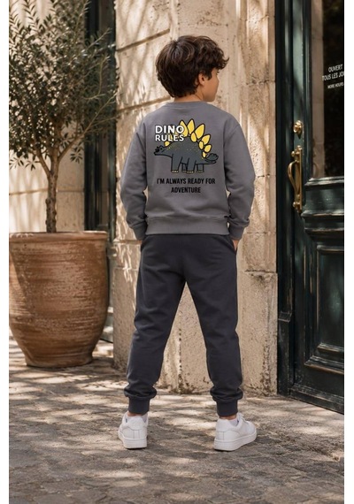 Eray Alp Kids Erkek Çocuk Dinozor Baskılı Sweatshirt Eşofman Takımı Günlük Rahat Kombin Gri
