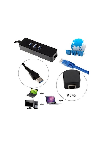 Wozlo RJ45 3 Port USB 3.0 Hub Çoklayıcı Gigabit Ethernet Lan Ağ Adaptörü