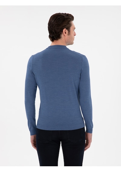 Cacharel Koyu Mavi Slim Fit Yün Karışımlı Çeyrek Balıkçı Yaka Basic Triko Kazak