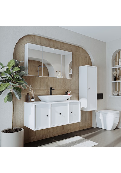 Çanak Lavabolu Mat Mdf 105 Cm Alt Dolabı + Aynalı Dolap Beyaz Mat Beyaz