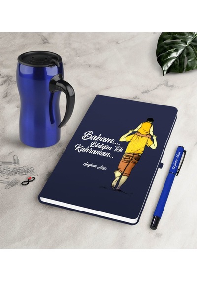 Kişiye Özel Babam Bildiğim Tek Kahraman Lacivert Defter Kalem Ter