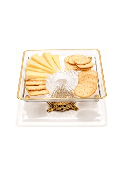 Assa Bazaar Gold 2 Parça Kare Döküm Ayaklı Pasta Sunum Seti | Kurabiyelik Cam Servis Tabağı