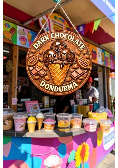 Dark Chocolate Dondurma Görselli Ahşap İpli Kapı Duvar Süsü Modern Cafe Panosu