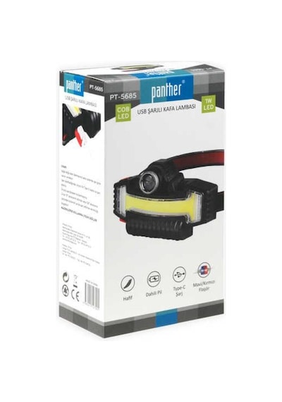 Panther Pt-5685 Usb Şarjlı Kafa Lambası 1000 Lumen Zoomlu Cob Led Işık Siyah