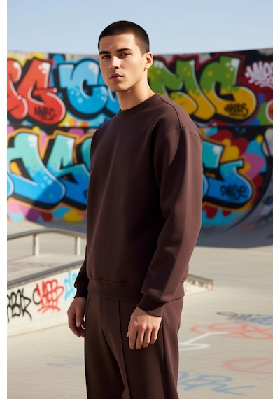 Benerly Erkek Bisiklet Yaka Düşük Kol Oversize Kalın Nakışlı Sweatshirt F Kahverengi