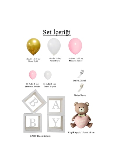 Krom Gold, Makaron Pembe Ve Beyaz Balon Temalı Baby Shower Set Baby Kutu Pembe Kalpli Ayıcık Folyo Ve Balon Zincir Set Pembe