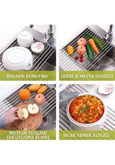 Katlanabilir Evye Üstü Bulaşık Kurutmalık Süzgeç 47x29 Cm - Paslanmaz Çelik & Isıya Dayanıklı Silikon Rulo Diğer