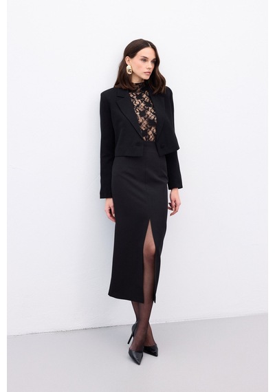 Sateen Yırtmaçlı Midi Etek - Siyah-136986 Siyah