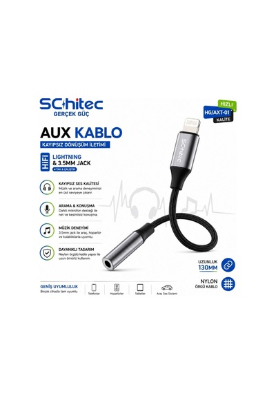 Schitec Lightning To 3.5mm Aux Dönüştürücü 10cm Siyah Hg/axt-01