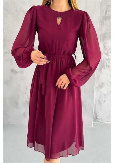 Dipmoda Kadın Bordo Midi Boy Astarlı Şifon Elbise Dpkklf2027 Bordo
