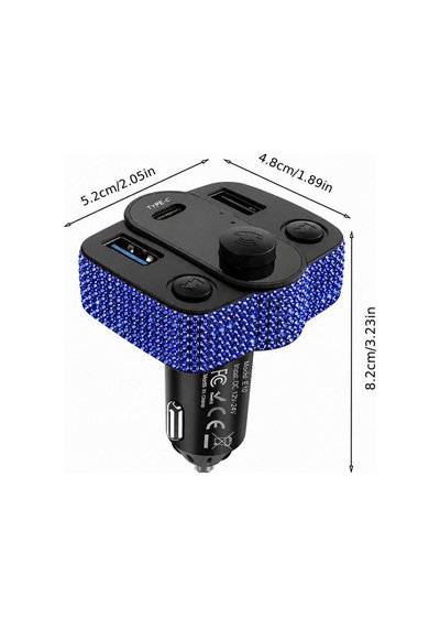 Araç İçi Saks Mavisi Kristal Taşlı Fm Transmitter Bluetooth Usb Type-c Oto Çakmaklık
