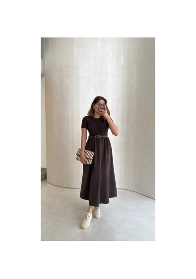 Unika Boutique Acı Kahve Kendinden Kemerli Alt Poplin Kumaş Elbise Acı Kahverengi
