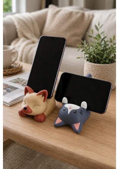 2'li Set Kedi Figürlü Telefon Tutucu Stand - 3d Baskı Ofis Masaüstü Aksesuarı Ve Biblo