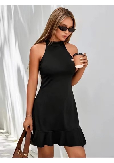 Defymoda Kadın Omuzlardan Açık Halka Yakalı Fırfırlı Janjan Kısa Elbise Siyah