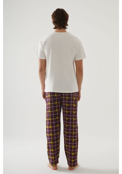 Erkek Kısa Kollu Pamuklu Ekose Desenli Breakfast Baskılı Pijama Takımı Ke30216 Sarı