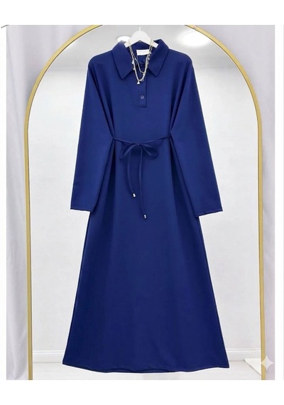 Lovie Moda Kadın Polo Yaka Bağcıklı Elbise - Lacivert