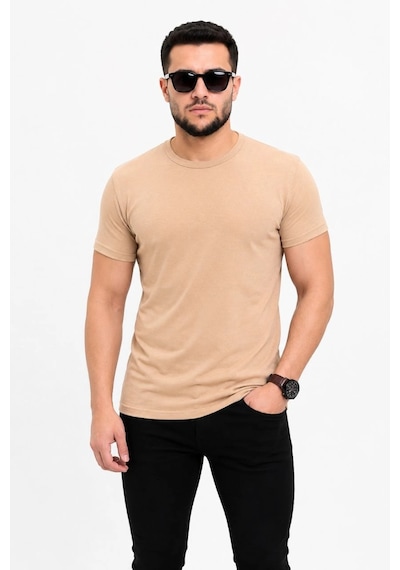 Erkek Basic Tişört Bisiklet Yaka Kısa Kol Günlük Yazlık Slim Fit T-shirt - Bej Çok Renkli