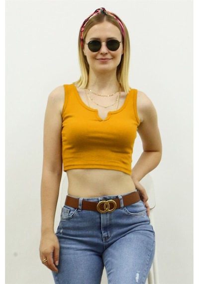 Madmext Mad Girls Önü Detaylı Hardal Crop Top Mg362-hardal