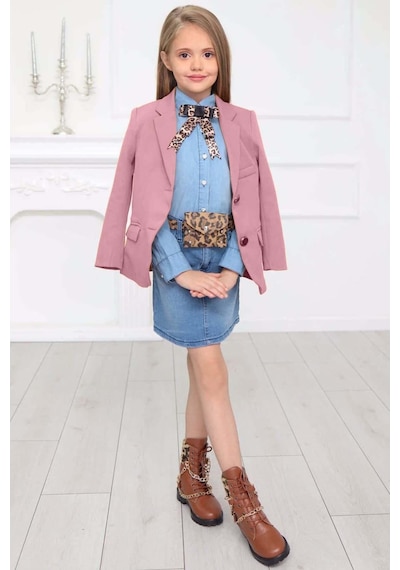 Riccotarz Kız Çocuk Leopar Desenli Fiyonk Detaylı Kot Gömlek Pudra Blazer Ceket Etekli Takım Pembe Riccotarz Kız Çocuk Leopar Desenli Fiyonk Detaylı Kot Gömlek Pudra Blazer Ceket Etekli Takım Pembe